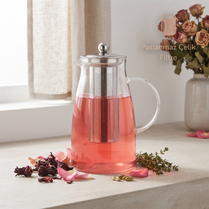 Detoks Sürahisi - 1500 ml - Paslanmaz Çelik Filtre - Cam - görsel 3